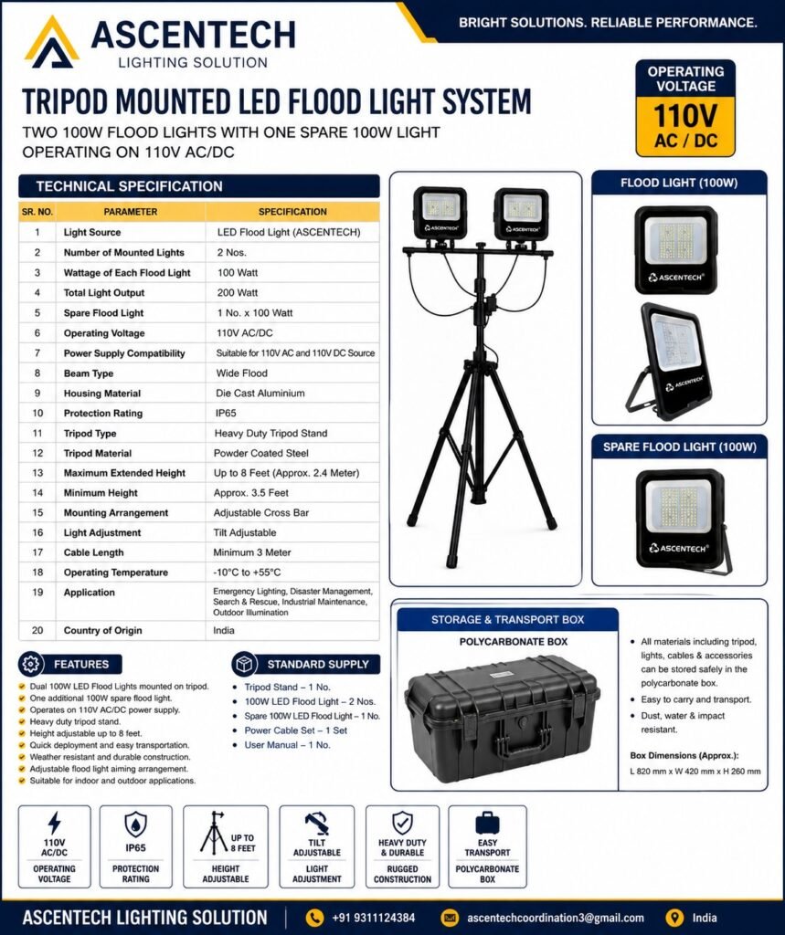 Tripod Mounted led Railway flood light 100w operated over 110V AC/DC